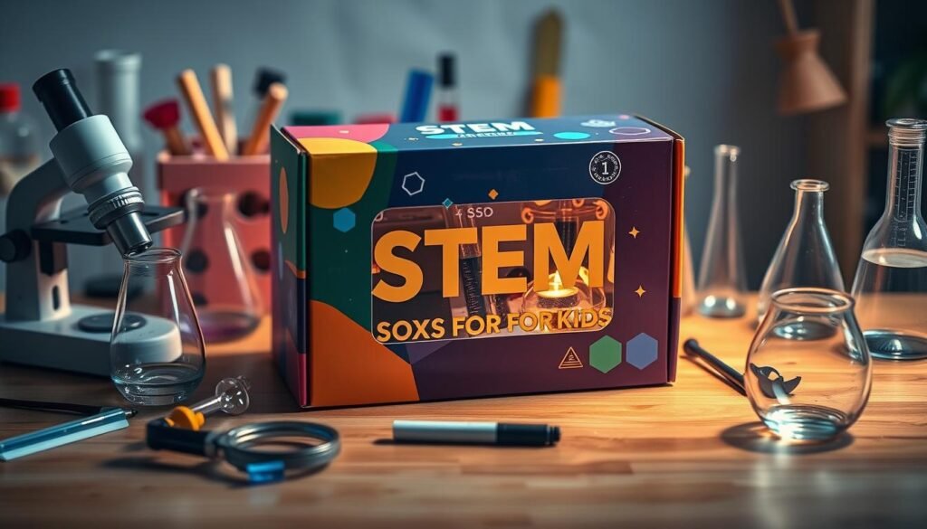 A beautifully designed, vibrant STEM subscription box for kids sits on a wooden table, illuminated by soft, warm lighting. The box features a sleek, modern design with bold colors and a transparent window, showcasing the intriguing science experiments and learning materials inside. Surrounding the box are various scientific instruments, such as a microscope, beakers, and a magnifying glass, creating an atmosphere of curiosity and hands-on exploration. The overall scene conveys a sense of excitement and educational enrichment, perfectly capturing the essence of a captivating STEM learning experience for young minds. A beautifully designed, vibrant STEM subscription box for kids sits on a wooden table, illuminated by soft, warm lighting. The box features a sleek, modern design with bold colors and a transparent window, showcasing the intriguing science experiments and learning materials inside. Surrounding the box are various scientific instruments, such as a microscope, beakers, and a magnifying glass, creating an atmosphere of curiosity and hands-on exploration. The overall scene conveys a sense of excitement and educational enrichment, perfectly capturing the essence of a captivating STEM learning experience for young minds.