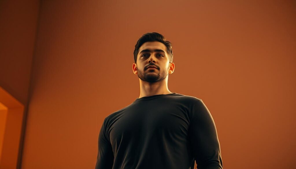 A bold, self-assured individual standing tall, their gaze direct and unwavering. The scene is bathed in warm, confident lighting, casting a dramatic, empowering atmosphere. The subject's posture and facial expression exude a sense of assertiveness and inner strength, embodying the concept of "التعبير الصريح." The background is minimal, allowing the subject to take center stage and command attention. This image would effectively convey the theme of practical methods for enhancing self-assurance and personal growth.