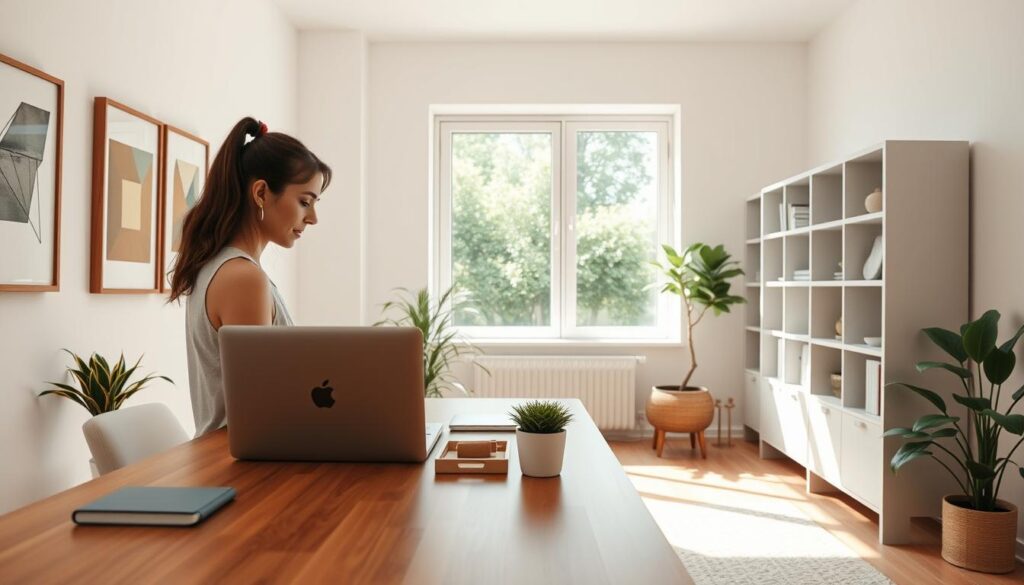 A bright, airy home office with clean, minimalist design. In the foreground, a woman sits at a wooden desk, focused on her laptop, surrounded by neatly organized stationery and a potted plant. Behind her, a large window floods the space with natural light, offering a view of a serene garden. The walls are adorned with simple, geometric artwork, and a sleek, modern bookshelf lines the back wall, showcasing a few carefully selected books and decor pieces. The lighting is soft and diffused, creating a calm, productive atmosphere. The overall scene conveys a sense of structure, efficiency, and a balanced daily routine.