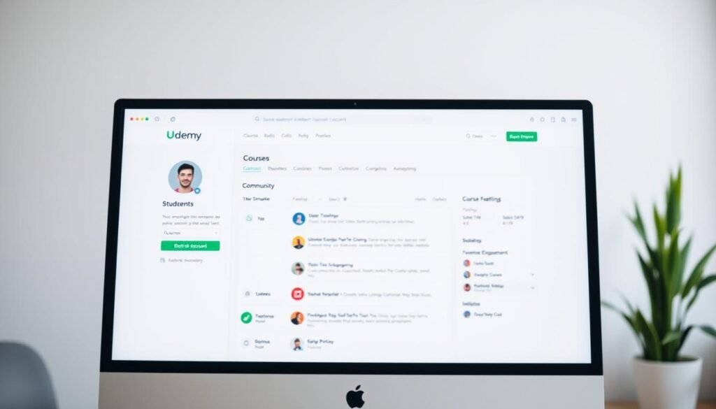 A bright, modern computer screen displaying a Udemy student account setup interface. In the foreground, a user's avatar and basic profile information are prominently featured. The middle ground showcases a clean, organized dashboard with course enrollment options, progress tracking, and community engagement tools. The background blurs softly, allowing the user interface to take center stage. The lighting is crisp and natural, creating a sense of professionalism and ease of use. The overall mood is one of productivity, education, and a commitment to personal growth through online learning.