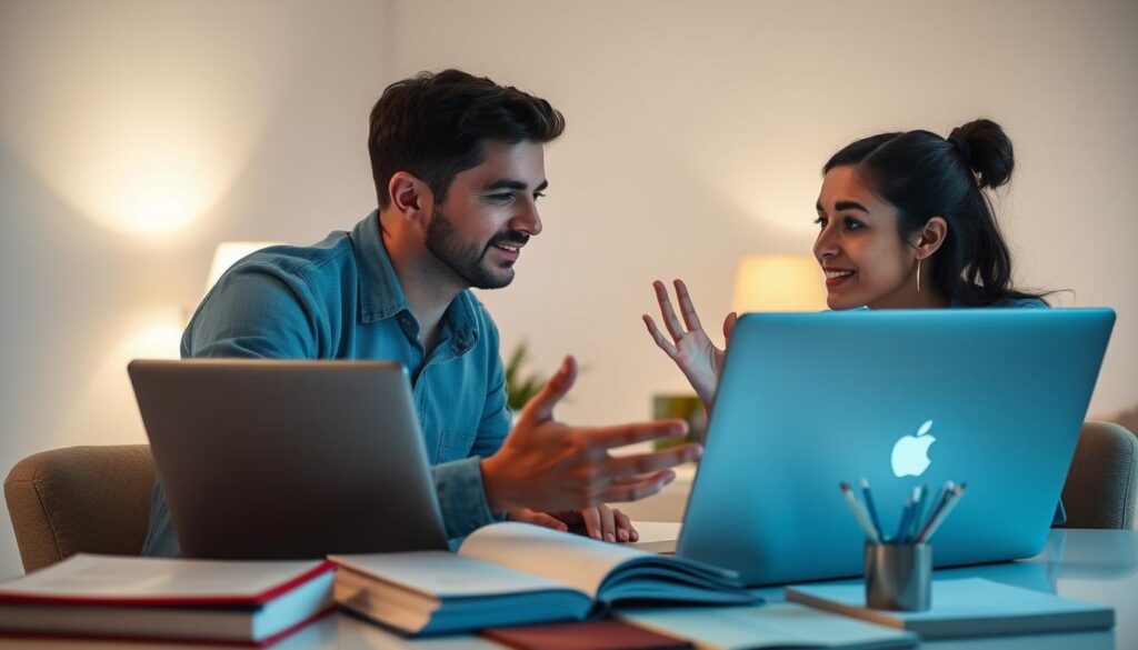 A brightly lit online language tutoring session, set against a clean, minimalist background. In the foreground, a tutor and student engage in a lively discussion, their faces illuminated by the glow of their computer screens. The tutor gestures animatedly, while the student leans forward, attentive and engaged. The midground showcases various language learning tools, such as textbooks, dictionaries, and language-learning apps. In the background, a softly blurred cityscape or domestic setting provides a sense of place. The overall mood is one of productive collaboration and intellectual stimulation, capturing the essence of an effective online language learning experience.