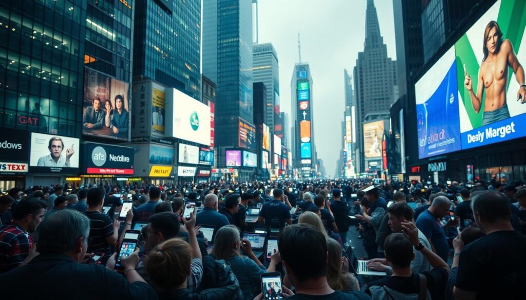 A bustling cityscape, bathed in the glow of digital screens and electronic devices. In the foreground, a tangle of smartphones, laptops, and tablets, their screens flickering with notifications, social media feeds, and endless distractions. The middle ground reveals people hunched over, captivated by the digital world, their attention fragmented and divided. In the background, towering skyscrapers and neon-lit billboards, a visual representation of the overwhelming digital landscape that permeates modern life. Soft, diffused lighting casts a sense of unease, highlighting the pervasive nature of these digital distractions and their impact on our focus and productivity.