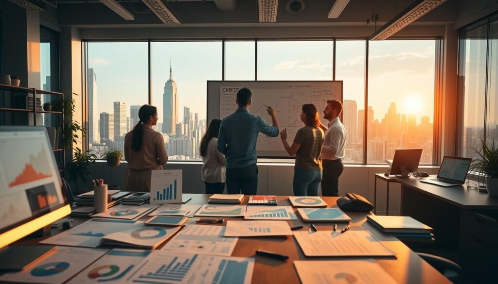 A bustling data science office, with a large desk in the foreground showcasing various data analysis tools and reports. In the middle ground, professionals collaborate around a whiteboard, mapping out career trajectories and skill development. The background features a city skyline, symbolizing the growth and opportunity of the data science industry. Warm, natural lighting illuminates the scene, creating a sense of inspiration and progress. The overall composition conveys the idea of a supportive, dynamic environment that fosters career development through data science. A bustling data science office, with a large desk in the foreground showcasing various data analysis tools and reports. In the middle ground, professionals collaborate around a whiteboard, mapping out career trajectories and skill development. The background features a city skyline, symbolizing the growth and opportunity of the data science industry. Warm, natural lighting illuminates the scene, creating a sense of inspiration and progress. The overall composition conveys the idea of a supportive, dynamic environment that fosters career development through data science.