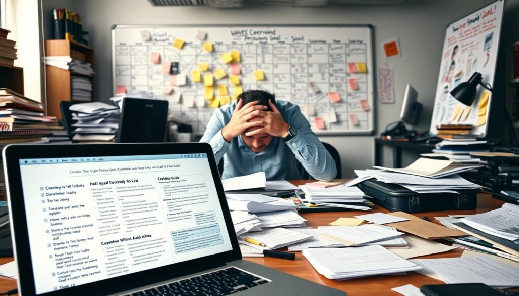 A bustling office environment, with cluttered desks and disorganized papers strewn about. In the foreground, a laptop sits open, its screen displaying a jumbled to-do list and half-finished goals. The middle ground features a stressed-out entrepreneur, head in hands, surrounded by a mess of sticky notes and a calendar filled with conflicting deadlines. In the background, a whiteboard covered in scribbles and crossed-out ideas, highlighting the chaos of unfocused goal-setting. Soft, diffused lighting casts a sense of frustration and overwhelm, while the angular composition conveys a sense of disarray and lack of direction.
