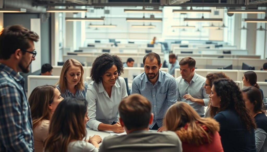A bustling office setting, showcasing diverse team management styles. In the foreground, a collaborative team huddle around a table, their expressions engaged and focused. The middle ground reveals contrasting leadership approaches - an authoritative manager directing their team, while a participative leader guides their group in a more inclusive manner. The background depicts a panoramic view of the workplace, with cubicles, whiteboards, and an open-plan layout, creating a sense of dynamic energy. Lighting is natural, with warm, diffused tones illuminating the scene. The overall atmosphere conveys the complexities and nuances of effective team management.