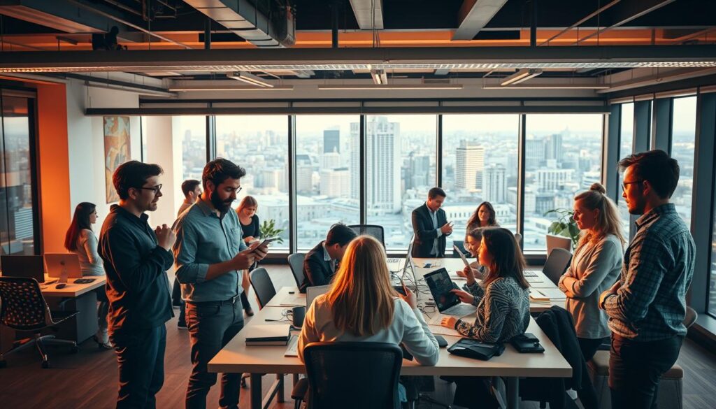 A bustling open-plan office, bathed in warm yet focused lighting. In the foreground, various personalities emerge: an extraverted ideator gesticulating animatedly, a meticulous analyst poring over spreadsheets, a calm and composed mediator facilitating a discussion, and a creative visionary sketching ideas on a digital tablet. The middle-ground features a diverse team collaborating at shared workstations, their body language and expressions reflecting their Myers-Briggs preferences. In the background, a panoramic window offers a view of a dynamic cityscape, hinting at the broader context in which these workplace personalities thrive.