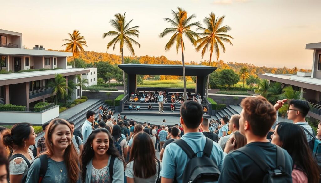 A bustling university campus, with an array of modern buildings and vibrant student activity. In the foreground, a group of young adults engaged in lively discussions, their faces alight with intellectual curiosity. In the middle ground, a large, open-air amphitheater plays host to a dynamic lecture, the speaker's gestures animated as they captivate the audience. In the background, a verdant landscape frames the scene, with towering palm trees swaying gently in the warm breeze. The lighting is soft and natural, casting a warm glow over the entire scene. The camera angle is slightly elevated, offering a panoramic view of the Mindvalley University experience.