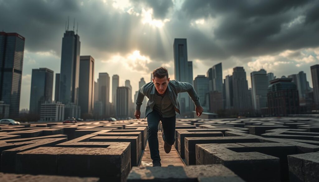 A bustling urban landscape with skyscrapers and modern architecture in the background. In the foreground, a determined entrepreneur navigates a maze-like path, facing obstacles such as high hurdles, treacherous pitfalls, and looming challenges. The lighting is dramatic, with shafts of light piercing through the clouds, casting shadows that amplify the sense of struggle. The entrepreneur's expression is one of steely resolve, their body language conveying a growth mindset as they push forward, undaunted by the challenges that lie ahead. The overall mood is one of perseverance, resilience, and the power of a determined spirit to overcome entrepreneurial obstacles.