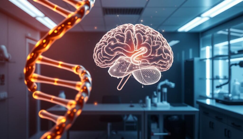 A captivating illustration of the intricate connection between genetics and brain function. In the foreground, a detailed rendering of DNA strands, their double helix structure illuminated by soft, warm lighting, creating a sense of depth and complexity. In the middle ground, a meticulously crafted cross-section of the human brain, its neural networks and synaptic connections visible, pulsing with a subtle, ethereal glow. The background features a sleek, modern laboratory setting, complete with scientific equipment and a muted color palette, suggesting the cutting-edge research and exploration of this fascinating field. The overall atmosphere is one of intellectual curiosity, scientific rigor, and the boundless potential of the human mind.