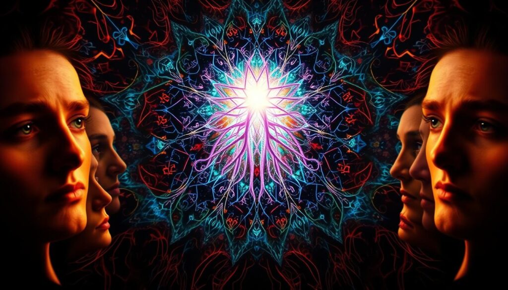 A captivating visual exploration of the intricate depths of personality, captured through a kaleidoscopic lens. In the foreground, a striking array of human faces, each reflecting a unique emotional state – tranquil, pensive, driven, and curious. The middle ground showcases a dynamic interplay of shapes and colors, representing the multifaceted nature of the Myers-Briggs personality types. In the background, a dreamlike landscape of interconnected neural pathways, symbolizing the complex neural networks that underpin our cognitive and behavioral patterns. Soft, warm lighting casts a contemplative glow, inviting the viewer to delve deeper into the enigmatic realm of human personality. Captured through a wide-angle lens, the composition conveys a sense of holistic understanding, blending the objective and the subjective in a harmonious visual narrative.