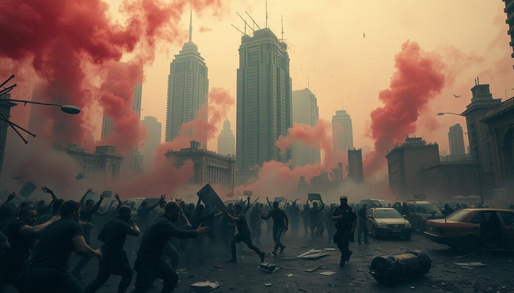 A chaotic, dystopian cityscape, bathed in a sickly, reddish hue. Clouds of smoke and debris swirl through the air, obscuring the crumbling skyscrapers in the background. In the foreground, a crowd of faceless figures engage in a frenetic, violent clash, their bodies contorted in rage. Shattered glass and overturned vehicles litter the streets, while a lone police officer stands helpless, unable to restore order. The atmosphere is heavy with tension, fear, and a growing sense of societal unraveling. A haunting, unsettling vision of the consequences of unchecked outrage and societal discord.