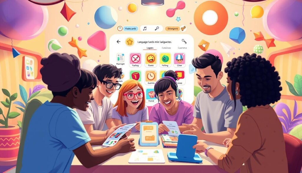 A cheerful, vibrant learning experience with colorful game elements. In the foreground, a group of diverse learners interacting with a range of interactive educational tools and resources, such as flashcards, mini-games, and language practice exercises. In the middle ground, a stylized, animated language-learning app interface with engaging visuals and icons. In the background, a dynamic, playful environment with whimsical shapes, patterns, and gradients that create a sense of energy and excitement. The overall scene is illuminated by a warm, inviting lighting that enhances the playful, immersive atmosphere of this gamified language learning experience.