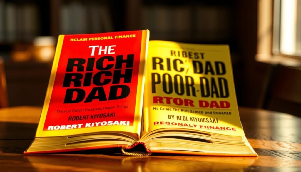 A classic personal finance book, "The Rich Dad, Poor Dad" by Robert Kiyosaki, lies open on a wooden table. The cover features a yellow book with bold black lettering against a red background, radiating an authoritative yet accessible vibe. The lighting is warm and inviting, casting soft shadows that accentuate the book's textured cover. The background is blurred, allowing the viewer to focus on the book as the central subject. The overall composition suggests a contemplative and thought-provoking atmosphere, inviting the viewer to explore the contrasting financial perspectives within the book.