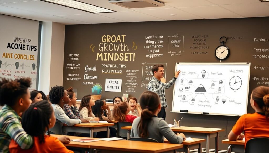A classroom setting with a growth mindset theme. In the foreground, a teacher stands at the whiteboard, gesturing to various icons and visuals representing practical tips - a lightbulb for new ideas, a mountain for challenges, a clock for progress tracking. Surrounding the teacher, students of diverse backgrounds sit at desks, engaged and attentive, their faces lit with an optimistic glow. In the background, motivational phrases and affirmations are displayed on the walls, creating an atmosphere of encouragement and empowerment. The lighting is warm and inviting, capturing the collaborative, supportive energy of a growth mindset classroom.