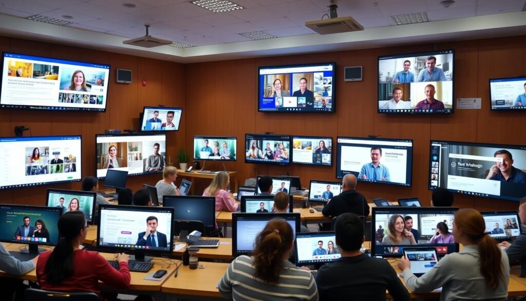 A classroom setting with various online educational platforms displayed on computer screens, tablets, and mobile devices. The foreground features a collection of modern, user-friendly interfaces showcasing interactive lessons, video lectures, and collaborative learning tools. The middle ground highlights a diverse range of students from different backgrounds engaged in self-paced study, group discussions, and virtual tutoring sessions. The background depicts a warm, well-lit environment with minimalist decor, suggesting a comfortable and inviting atmosphere for digital learning. The overall scene conveys a sense of flexibility, accessibility, and personalized educational experiences, reflecting the concept of alternative online learning platforms.