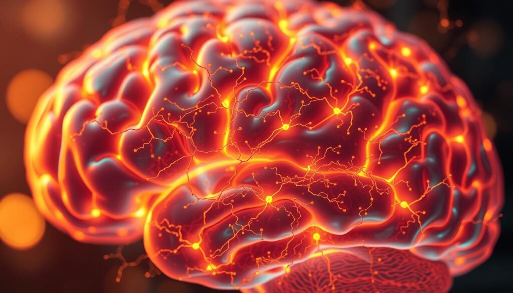 A close-up shot of a human brain with intricate neural pathways, highlighting the concept of neuroplasticity. The brain appears vibrant and energetic, with a soft, warm lighting illuminating the complex web of neurons and synapses. The image is captured from a slightly elevated angle, conveying a sense of depth and three-dimensionality. The background is subtly blurred, keeping the focus on the mesmerizing neural activity. The overall atmosphere is one of wonder and fascination, reflecting the remarkable ability of the brain to adapt and change over time.