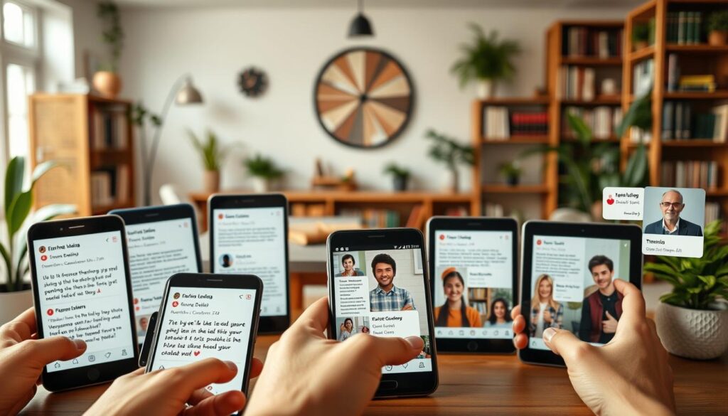 A collage of user reviews and testimonials for an online English learning platform, captured in a warm, inviting atmosphere. Foreground features a collection of smartphones and tablets displaying positive reviews, with handwritten notes and thumbs-up icons. Middle ground showcases various customer avatars, ranging from students to professionals, each offering their unique perspectives. The background depicts a cozy, well-lit room with bookshelves, plants, and a serene, natural-inspired color palette, conveying a sense of comfort and learning. The overall composition emphasizes the human element and the authentic, heartfelt nature of the user experience.