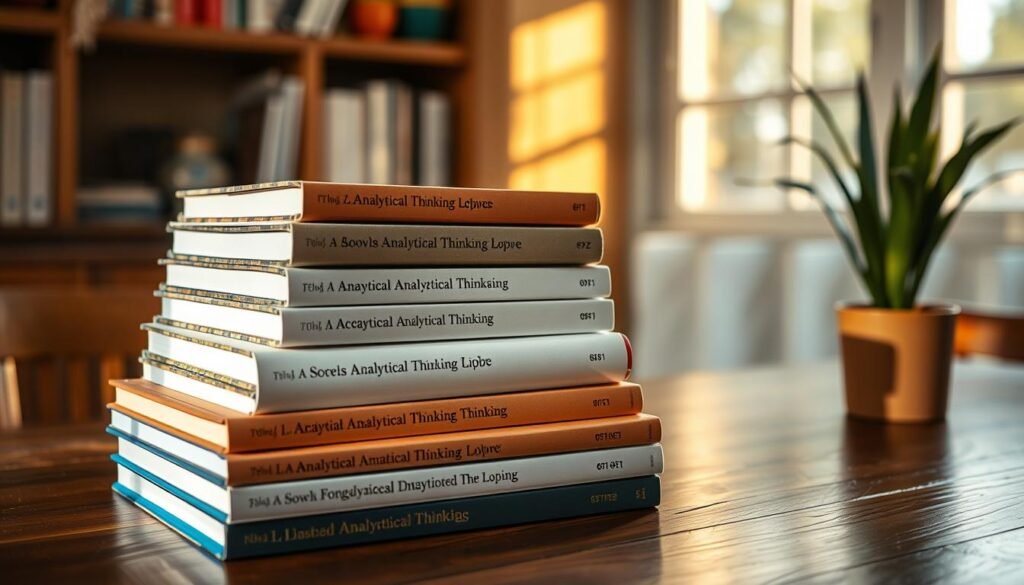 A collection of analytical thinking books for beginners, showcasing a stack of well-designed hardcover volumes with clean, minimalist covers in earthy tones. The books are positioned on a wooden table, bathed in warm, natural lighting that casts soft shadows, creating a cozy, inviting atmosphere. The arrangement suggests a sense of discovery and intellectual curiosity, inviting the viewer to explore the subject of analytical thinking from a foundational perspective.