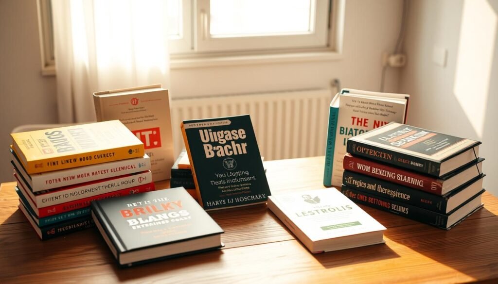 A collection of hardcover books with inspiring titles and vibrant, eye-catching covers arranged on a minimalist wooden table. The books are illuminated by warm, natural lighting filtering through a window, casting soft shadows and highlights. The composition emphasizes the books as the central focus, with a clean, uncluttered background that allows the titles and covers to stand out. The overall mood is one of motivation, knowledge, and entrepreneurial spirit, capturing the essence of "Inspiring Books for Entrepreneurs".