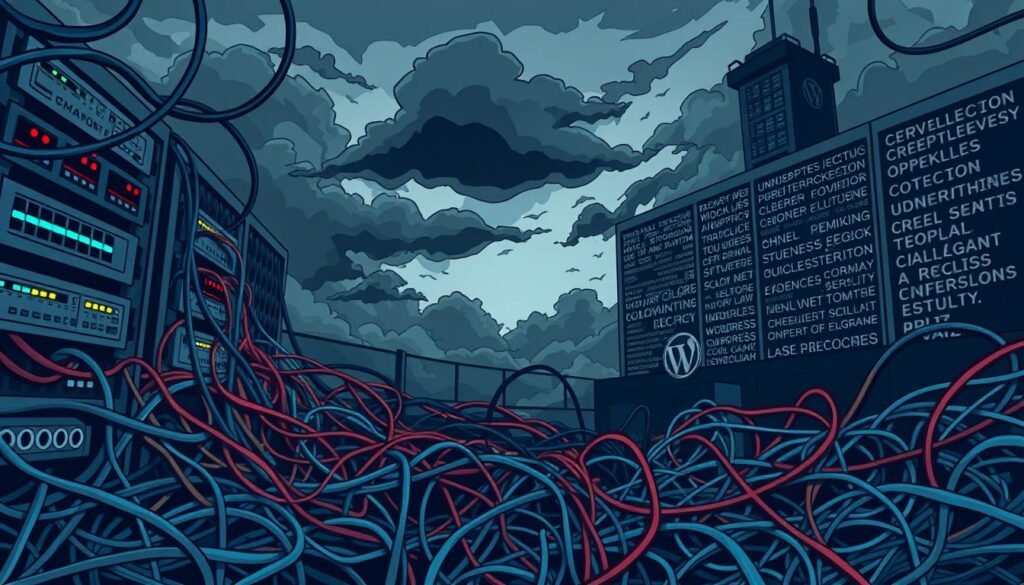 A complex web of intertwined challenges facing WordPress hosting, captured in a bold, moody illustration. In the foreground, a tangled mess of server cables, network switches, and blinking lights, symbolizing the technical complexities of maintaining a robust WordPress infrastructure. In the middle ground, dark clouds of uncertainty hover, casting shadows over the scene - a representation of the unpredictable nature of security threats, plugin updates, and resource demands. In the background, a towering wall of technical jargon and acronyms looms, hinting at the specialized knowledge required to navigate the WordPress hosting landscape. The overall atmosphere is one of tension and unease, conveying the significant challenges that come with hosting a mission-critical WordPress website.