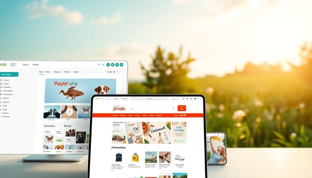 A comprehensive view of the core features of the Jimdo web development platform. In the foreground, a clean and modern user interface showcases the intuitive site builder tools, allowing for easy drag-and-drop customization. In the middle ground, e-commerce functionalities are highlighted, including seamless online store management and secure payment integrations. The background depicts a serene, nature-inspired setting, conveying the platform's emphasis on elegant and responsive website design. Soft, warm lighting creates a welcoming atmosphere, while a cinematic camera angle captures the platform's versatility and power. The overall mood is one of efficiency, creativity, and effortless web creation.