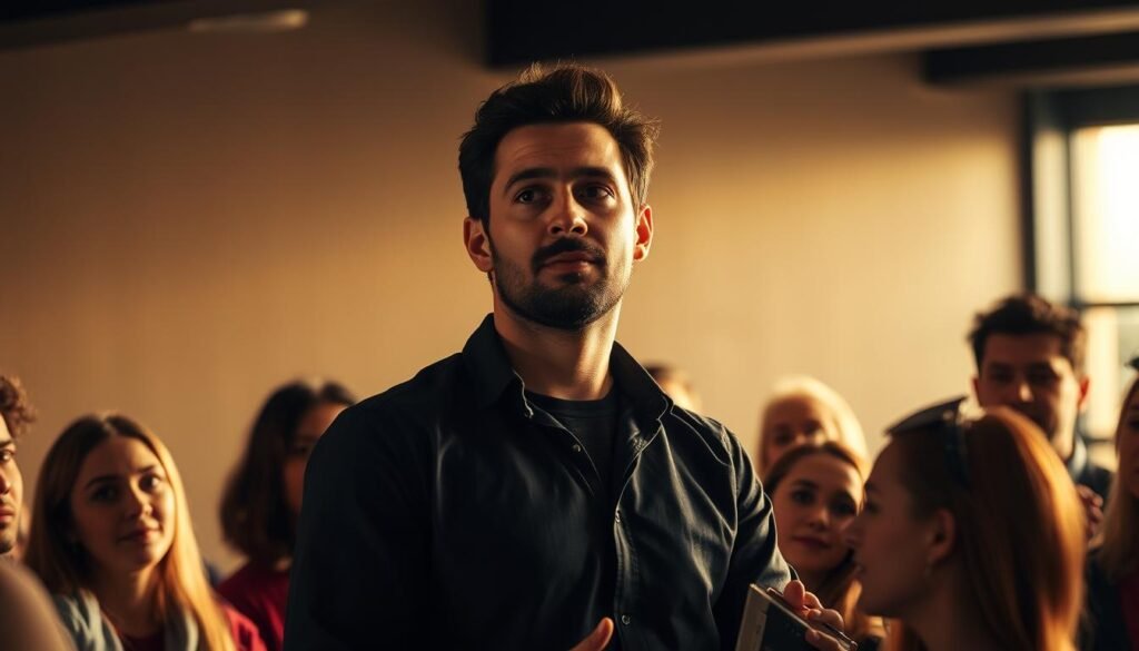 A confident individual stands tall, their gaze unwavering, radiating an aura of self-assurance. Surrounding them, a group of people listen intently, captivated by the person's poise and command of the conversation. Warm, directional lighting illuminates the scene, casting subtle shadows that accentuate the subject's features and body language. The background is slightly blurred, creating a sense of focus on the central figure and their interaction with the audience. The overall atmosphere conveys a sense of inspiration, as the confident individual's influence over the people is palpable.