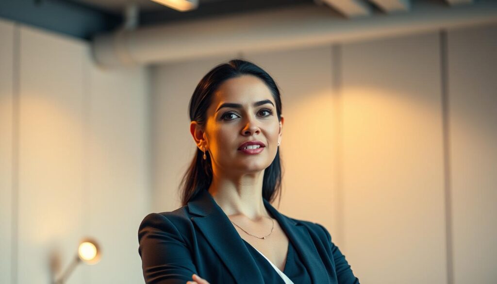 A confident person standing in a professional setting, delivering a speech with clarity and conviction. Warm lighting illuminates their face, highlighting their engaging expression and direct eye contact. The background features a minimalist, modern office space with clean lines and subtle textures, creating a sense of authority and expertise. The overall atmosphere exudes poise, self-assurance, and the ability to communicate effectively and persuasively.