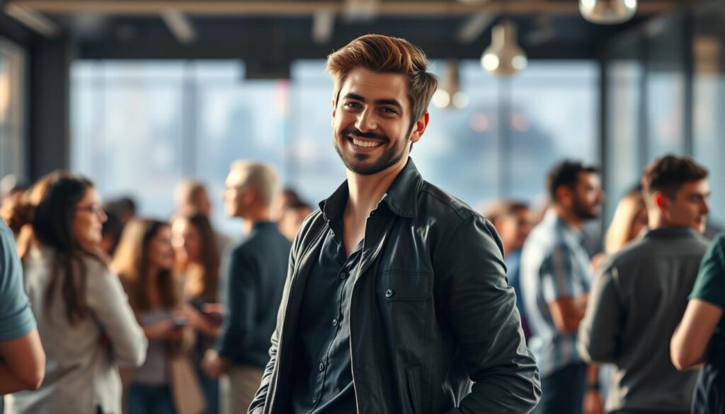 A confident person stands tall, shoulders back, making direct eye contact, with a warm, inviting smile. They are the center of attention in a lively social setting, surrounded by a group of people engaged in animated conversation. The scene is bathed in soft, natural lighting, giving it a welcoming, relaxed atmosphere. The subject's attire is stylish yet casual, exuding an air of effortless self-assurance. In the background, a blurred cityscape or indoor social space provides a vibrant, urban backdrop, heightening the sense of confidence and social ease.