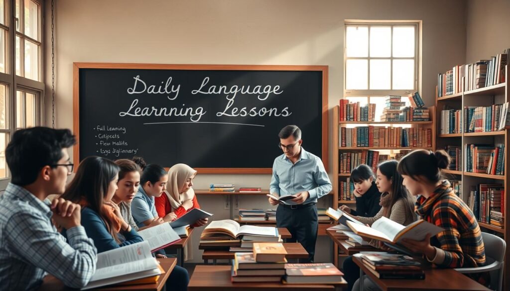 A cozy classroom setting, with a chalkboard displaying "Daily Language Learning Lessons" in elegant Arabic calligraphy. Sunlight streams through large windows, casting a warm glow on the scene. In the foreground, a group of students of diverse backgrounds intently study language textbooks and engage in lively discussions. The teacher, a kind and approachable figure, moves between them, offering guidance and encouragement. Artful shelves filled with language dictionaries and learning materials line the walls, creating an atmosphere of scholarly pursuit. The overall mood is one of focus, discovery, and the joy of mastering new languages.