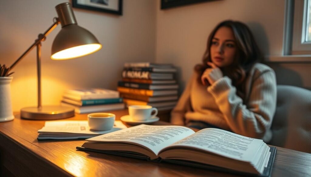 A cozy corner with a wooden desk, a warm lamp casting a soft glow, and an open journal waiting to be filled. Nearby, a stack of books, a cup of tea, and a thoughtful expression on the face of the person seated, immersed in the act of reflection and self-discovery. The atmosphere is one of quiet contemplation, inviting the viewer to join in the journey of personal growth and self-improvement. The scene is captured with a shallow depth of field, highlighting the journal as the central focus, and a gentle, natural lighting that creates a sense of serenity and introspection.