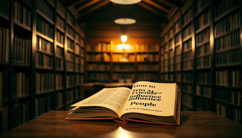 A cozy, dimly lit library interior, with rows of bookshelves lining the walls and a central reading area. On a wooden table, an open book titled "How to Win Friends and Influence People" sits prominently, its pages slightly worn. A single lamp casts a warm glow, illuminating the book's cover and creating a contemplative atmosphere. The background is blurred, allowing the book to be the focal point, conveying the importance and significance of this self-help classic. The image should evoke a sense of introspection and the pursuit of personal growth.