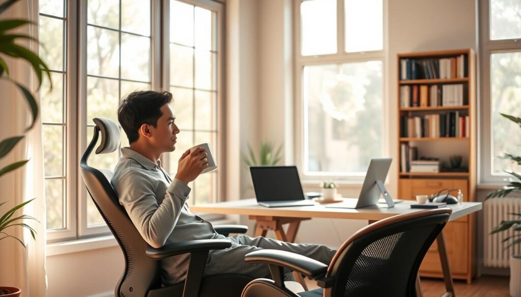 A cozy home office, filled with natural light cascading through large windows. In the foreground, a person sits comfortably in an ergonomic chair, taking a sip from a steaming mug of coffee. The middle ground features a minimalist desk with a laptop, a small plant, and a few essential work items. In the background, a bookshelf adorns the wall, creating a sense of warmth and productivity. The overall atmosphere is one of tranquility and balance, emphasizing the importance of taking breaks to recharge and refocus.