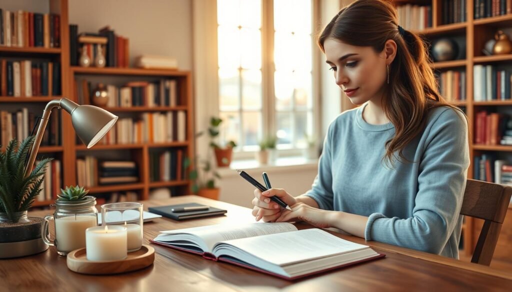 A cozy home office scene with a woman seated at a wooden desk, pen in hand, gazing pensively at an open journal. Warm, natural lighting filters through large windows, casting a soft glow. On the desk, an array of self-care items such as a scented candle, a succulent plant, and a mug of herbal tea. The background features bookshelves filled with volumes, hinting at the pursuit of knowledge and personal growth. The overall atmosphere is one of calm introspection, where the act of journaling is seamlessly incorporated into a holistic self-care routine.