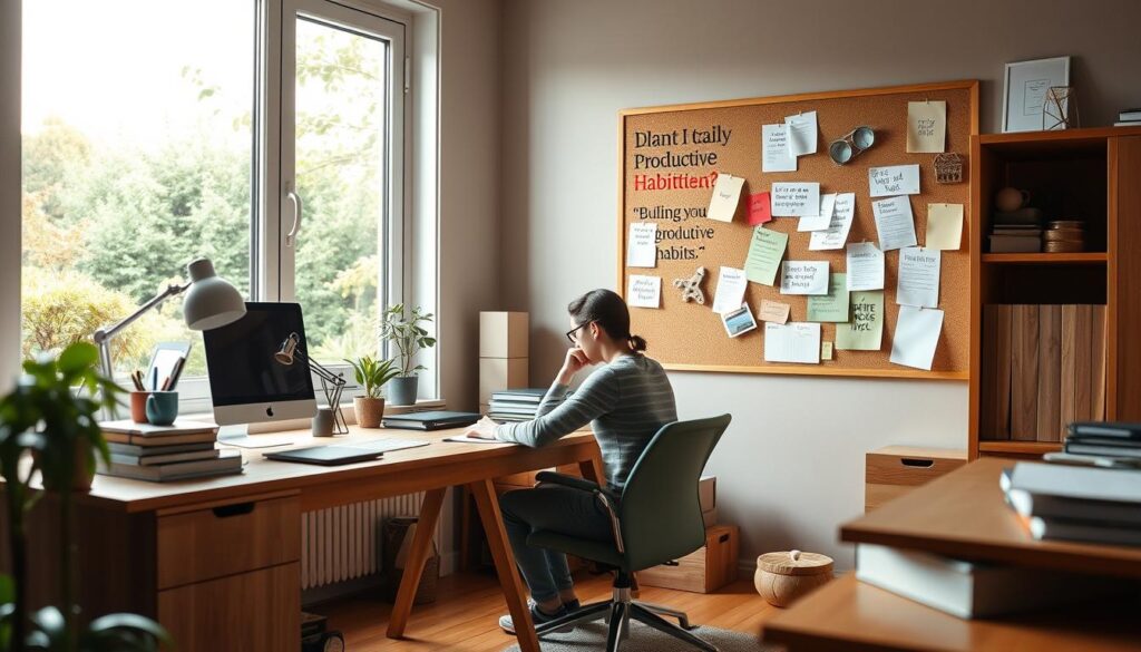 A cozy home office with natural lighting, warm wooden furniture, and a large window overlooking a lush garden. In the foreground, a person sits at a neat, organized desk, deep in thought as they plan their daily tasks and routines. The middle ground features motivational quotes and reminders pinned to a corkboard, inspiring the person to build productive habits. The background showcases a serene outdoor scene, symbolizing the calm and focus achieved through consistent, disciplined practice. The lighting is soft and ambient, creating a sense of tranquility and focus, ideal for cultivating a mindset to combat procrastination.