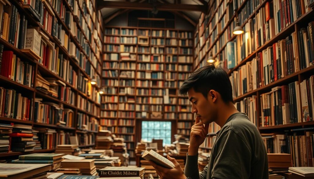A cozy library filled with an abundance of books, each reflecting a unique story waiting to be discovered. In the foreground, a person ponders, their gaze fixed on a carefully curated selection, contemplating the perfect volume to enrich their journey of self-discovery. The warm, soft lighting casts a welcoming glow, inviting the viewer to join in the search for the ideal book that will unlock new perspectives and inspire personal growth. The middle ground showcases a diverse collection of genres, from self-help to biographies, each with the potential to resonate and guide the reader. In the background, towering bookshelves stretch towards the high ceiling, a testament to the wealth of knowledge and wisdom that awaits. The overall atmosphere is one of tranquility, introspection, and the promise of transformative insight.