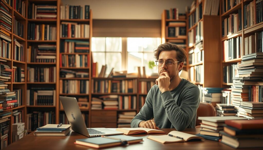 A cozy study filled with an abundance of books, a person sitting at a desk with a thoughtful expression, surrounded by a warm and inviting atmosphere. The lighting is soft and natural, emanating a sense of tranquility and focus. The desk is neatly organized, with a laptop, pen, and notebook, hinting at the process of thoughtful communication. In the background, a bookshelf towers, showcasing a diverse collection of volumes, suggesting the wealth of knowledge and inspiration available to the individual. The overall scene conveys the power of reading and its ability to enhance communication skills.