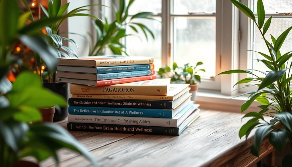A cozy study nook with a stack of hardcover books on a rustic wooden table, surrounded by lush green plants and warm lighting. The books have vibrant, colorful covers depicting various topics related to brain health and wellness. The scene exudes a sense of tranquility and inspiration, inviting the viewer to delve into the informative and practical content within.