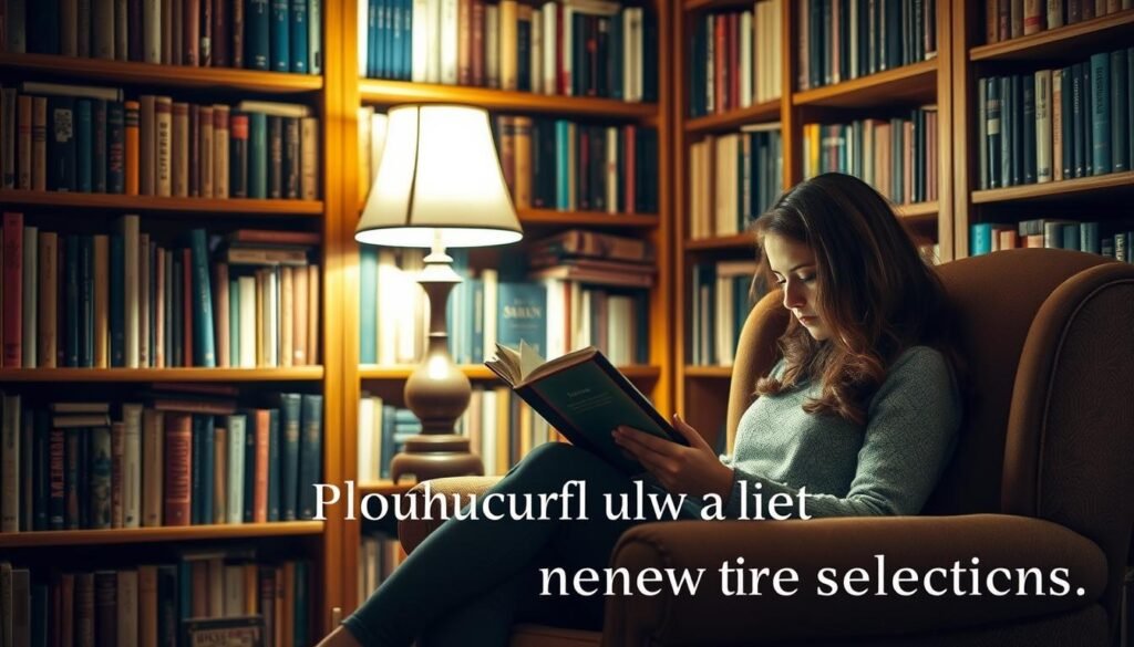 A cozy study nook with a wooden bookshelf filled with an array of books. A person sits comfortably in a plush armchair, deeply immersed in a book, the soft glow of a reading lamp illuminating their face. The background features a warm, earthy color palette, creating a serene and inviting atmosphere. The scene emphasizes the joy and importance of thoughtful book selection, encouraging the viewer to discover new literary treasures. Soft, natural lighting, a slight depth of field, and a sense of tranquility pervade the image.