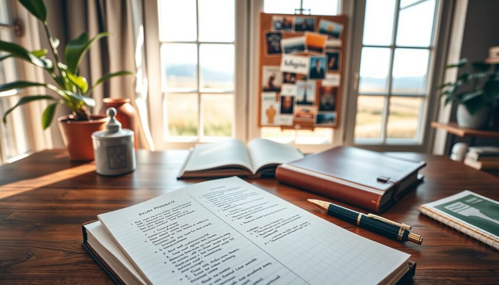A cozy study with natural lighting, a wooden desk adorned with a beautiful leather-bound journal, a fountain pen, and a potted plant. In the foreground, the journal lies open, revealing neatly written goal-setting prompts and bullet points. The middle ground showcases an inspirational vision board, with images and affirmations pinned to a cork board. The background features a large window, offering a serene outdoor scene with a tranquil landscape. The overall atmosphere is one of focus, reflection, and a sense of purpose, inviting the viewer to embark on their own journey of self-improvement through thoughtful journaling and goal-setting.