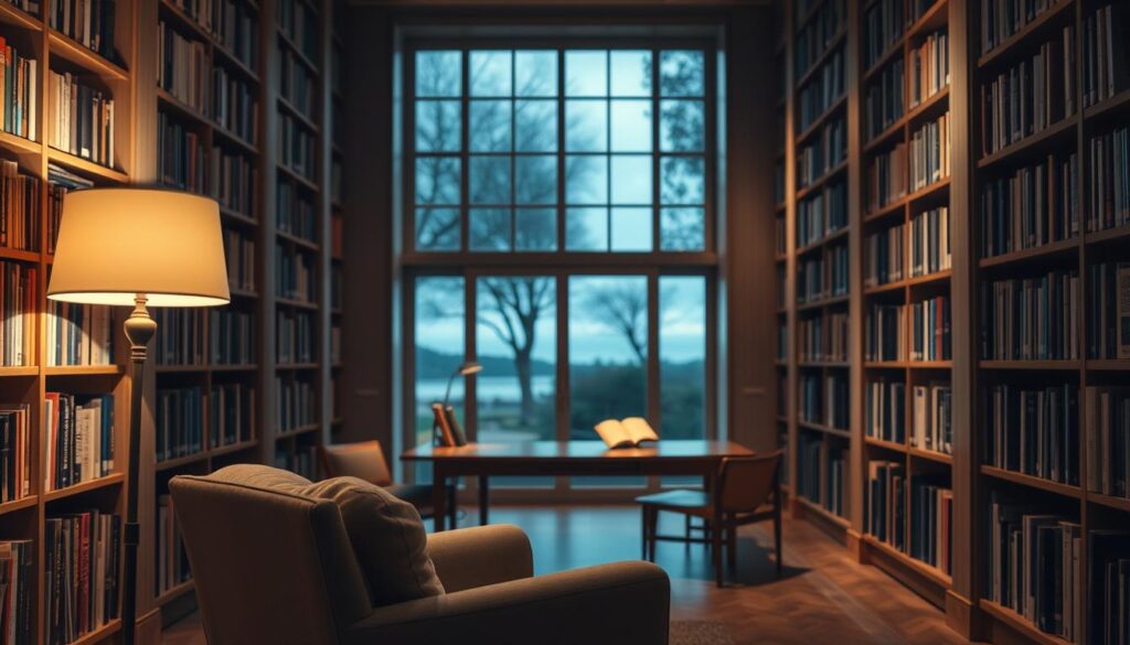 A cozy, well-lit library interior with floor-to-ceiling bookshelves lining the walls. A comfortable armchair sits in the foreground, beckoning the viewer to curl up with a book. Soft, diffused lighting from a standing lamp casts a warm glow, creating an inviting and contemplative atmosphere. In the middle ground, a wooden desk with a single book and a pair of reading glasses suggests an individual's focused study. The background features a large window overlooking a tranquil outdoor scene, hinting at the mental escape that reading can provide. The overall composition conveys the importance of making reading a priority in one's life.