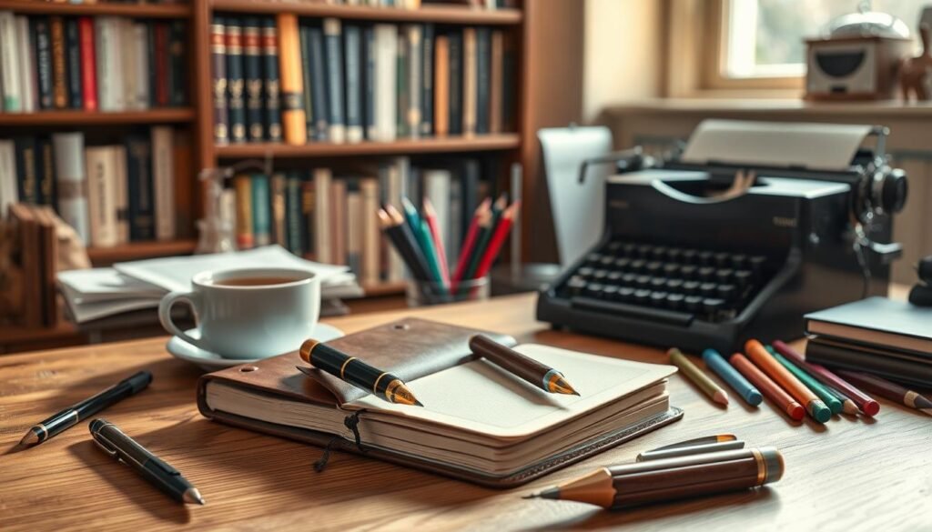 A cozy, well-lit study with a wooden desk, a leather-bound journal, a fountain pen, and a cup of steaming tea. On the desk, an assortment of writing implements - calligraphy pens, colored pencils, and a typewriter - symbolizing the diverse forms of journaling for personal growth. The background features a bookshelf filled with volumes on self-improvement and personal development, creating an atmosphere of introspection and intellectual pursuit. Soft, natural lighting illuminates the scene, conveying a sense of tranquility and focus. The overall composition evokes a harmonious blend of traditional and modern approaches to the written word, inviting the viewer to explore the many facets of journaling for self-discovery and personal growth.