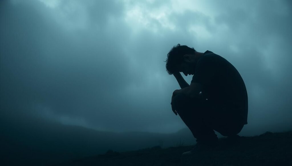 A dark, gloomy landscape shrouded in a hazy, oppressive atmosphere. In the foreground, a solitary figure sits hunched, their shoulders slumped, head bowed in a posture of despair. Shadows cast by the clouded sky envelop the scene, creating a sense of overwhelming negativity and self-doubt. The figure's expression is one of deep contemplation, reflecting the weight of negative thoughts that seem to permeate the entire environment. The overall composition evokes a sense of isolation, hopelessness, and the detrimental impact of negative thinking on one's self-perception and well-being.