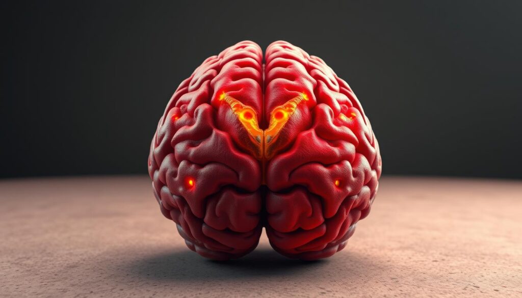 A detailed anatomical illustration depicting the harmful effects of bad habits on the human brain. The image showcases a cross-section of the brain, with various regions highlighted to show the detrimental impact of unhealthy behaviors. The foreground features a central brain structure, rendered in vivid detail using a realistic, high-resolution style. The middle ground showcases intricate neural pathways, with areas of damage or dysfunction highlighted in contrasting colors. The background presents a subtle, muted environment, allowing the focus to remain on the scientific visualization of the brain's response to negative habits. The overall composition conveys a sense of educational insight, inviting the viewer to explore the evidence-based understanding of how our daily routines can profoundly influence the health and function of this vital organ.