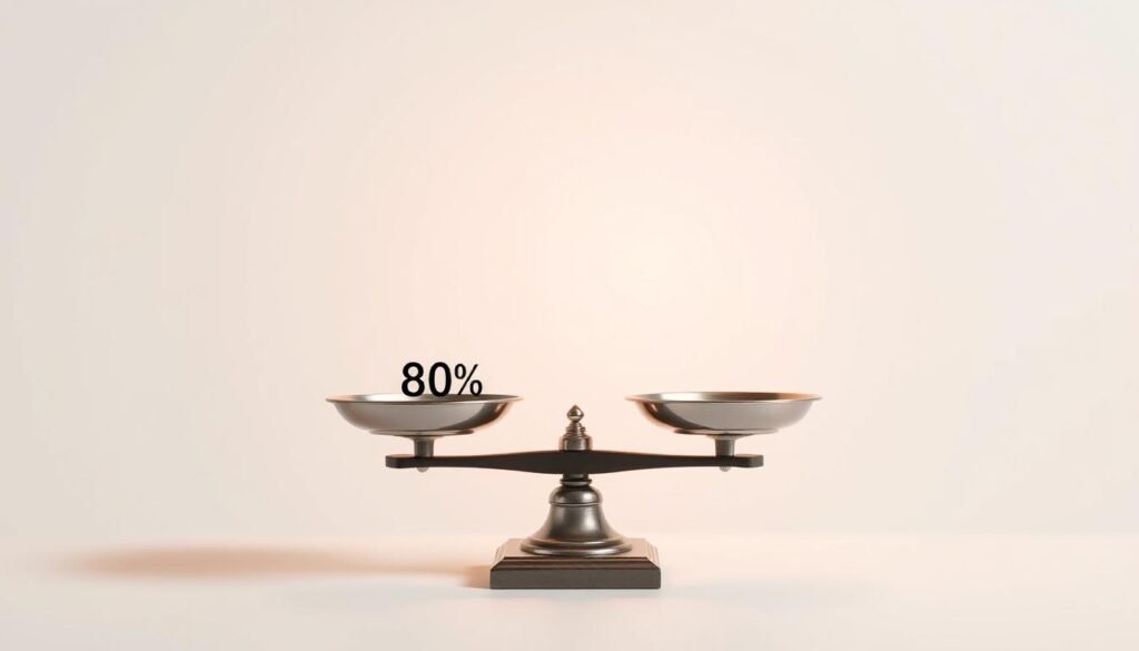 A detailed and visually striking illustration of the Pareto principle, also known as the 80/20 rule. Set against a clean, minimalist background, the foreground features a balance scale with two unevenly weighted trays. One tray is larger, representing the 80% of results achieved from 20% of the effort, while the smaller tray depicts the remaining 20% of results from the other 80% of effort. The scale is illuminated by a warm, directional light, casting subtle shadows that add depth and three-dimensionality to the scene. The overall composition conveys the core concept of the 80/20 principle - the idea that a small fraction of inputs can yield a disproportionately large fraction of outputs.