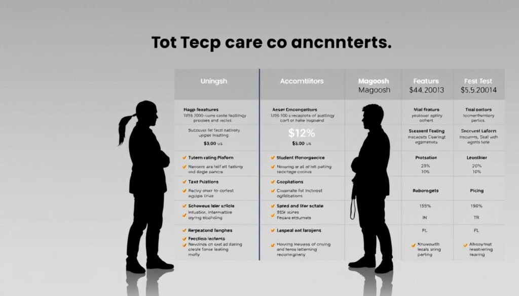 A detailed comparison illustration of Magoosh and its top competitors in the test prep market. In the foreground, prominent silhouettes of the Magoosh and competitor logos against a sleek, minimalist background. The middle ground showcases neatly arranged data points and statistics highlighting the unique features, pricing, and student ratings of each platform. The background frames this with a gridded layout, clean typography, and a muted color palette that conveys professionalism and authority. Carefully considered camera angle and lighting to create a sense of balance, credibility, and visual hierarchy, guiding the viewer's attention to the key differentiators between Magoosh and its rivals. A detailed comparison illustration of Magoosh and its top competitors in the test prep market. In the foreground, prominent silhouettes of the Magoosh and competitor logos against a sleek, minimalist background. The middle ground showcases neatly arranged data points and statistics highlighting the unique features, pricing, and student ratings of each platform. The background frames this with a gridded layout, clean typography, and a muted color palette that conveys professionalism and authority. Carefully considered camera angle and lighting to create a sense of balance, credibility, and visual hierarchy, guiding the viewer's attention to the key differentiators between Magoosh and its rivals.