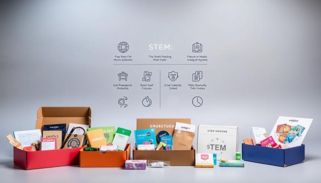 A detailed comparison of STEM subscription boxes, showcased against a sleek, minimalist backdrop. In the foreground, various subscription packages are displayed, their unique contents artfully arranged. Midground features stylized icons and infographics highlighting key features, while the background maintains a clean, elegant aesthetic with subtle lighting and gentle gradients. The overall composition conveys a sense of professionalism and technical precision, inviting the viewer to explore the nuances of each STEM offering. A detailed comparison of STEM subscription boxes, showcased against a sleek, minimalist backdrop. In the foreground, various subscription packages are displayed, their unique contents artfully arranged. Midground features stylized icons and infographics highlighting key features, while the background maintains a clean, elegant aesthetic with subtle lighting and gentle gradients. The overall composition conveys a sense of professionalism and technical precision, inviting the viewer to explore the nuances of each STEM offering.