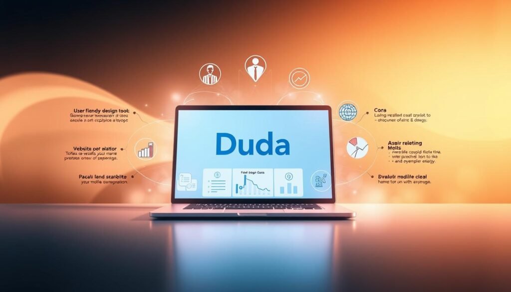 A detailed comparison of the pros and cons of the Duda website design platform, showcased in a stunning digital illustration. The foreground depicts a modern, sleek laptop displaying the Duda interface, surrounded by a halo of glowing lines symbolizing the platform's advanced features. In the middle ground, icons and graphs highlight key advantages like user-friendly design tools and seamless mobile optimization. The background features a soft, ethereal gradient, creating a contemplative atmosphere for the viewer to ponder the insights presented. The lighting is warm and diffused, enhancing the sense of thoughtful analysis. The entire composition is captured through a slightly elevated, angled perspective, conveying a sense of authority and comprehensive understanding of the subject matter.