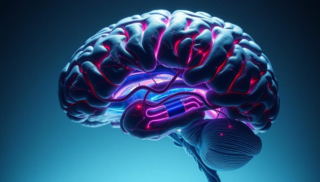 A detailed cross-section of the human brain, meticulously rendered with a realistic, anatomical style. The intricate neural pathways and synaptic connections are visible, pulsing with vibrant energy. The cerebral cortex, limbic system, and other key structures are highlighted, showcasing the complex architecture that enables higher cognitive functions. Soft, diffused lighting illuminates the scene, creating a contemplative, scientific atmosphere. The image is captured from a slightly elevated angle, allowing the viewer to appreciate the brain's magnificent three-dimensional form. Subtle hues of gray, blue, and purple predominate, with strategic pops of color emphasizing crucial elements. The overall composition conveys the wonder and complexity of the mind's inner workings.