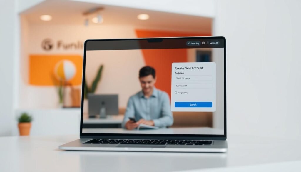 A detailed, high-resolution image showcasing the process of creating a new account on a learning platform. The foreground features a modern, intuitive user interface with clean lines and minimalist design. The middle ground depicts a person navigating through the registration steps, including form fields, buttons, and progress indicators. The background subtly suggests the platform's branding and educational themes, such as geometric shapes, warm color palette, and subtle textures. The lighting is soft and evenly distributed, creating a professional, inviting atmosphere. The camera angle is slightly angled to provide a natural, engaging perspective. The overall mood conveys a sense of ease, efficiency, and excitement about embarking on a new learning journey.