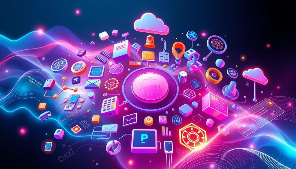 A detailed illustration of the core specialization areas offered in the professional online courses from Edureka. Showcase a visually striking and conceptual image depicting various icons, symbols, and graphical elements representing different technical domains such as software development, data science, cloud computing, cybersecurity, and more. Use a vibrant, futuristic color palette with a sleek, modern aesthetic. Arrange the elements in a dynamic, layered composition that captures the comprehensive and cutting-edge nature of Edureka's course offerings. Utilize dramatic lighting, smooth gradients, and subtle 3D effects to create a sophisticated, high-tech atmosphere. The image should exude a sense of expertise, innovation, and educational empowerment.